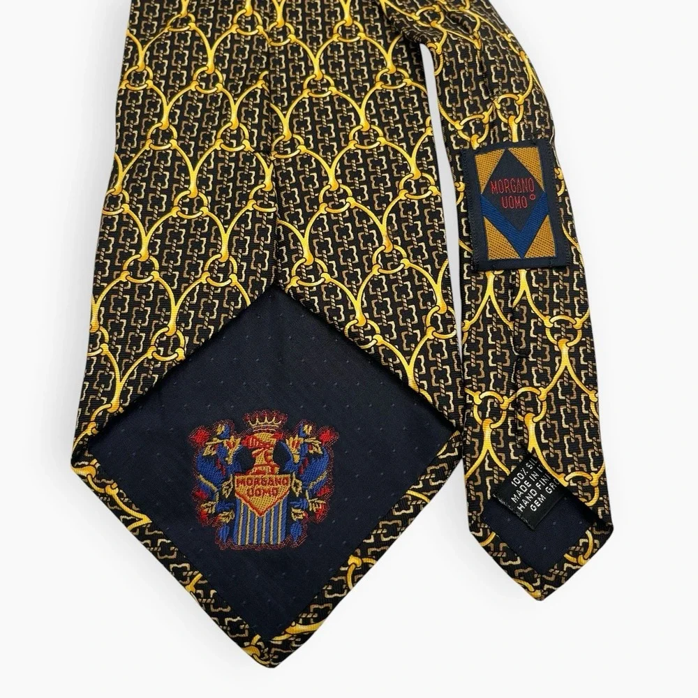 Morgano Uomo Neck Tie Black Gold Yellow Silk Made In Italy Chains Equestrian 60